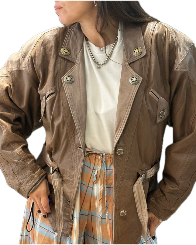 Blouson vintage en cuir camel et beige customisé – Taille unique