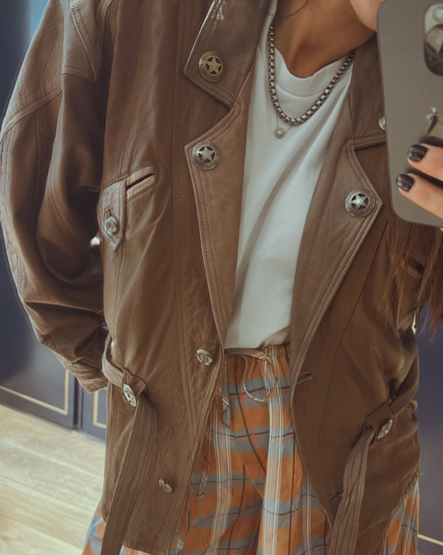 Blouson vintage en cuir camel et beige customisé – Taille unique
