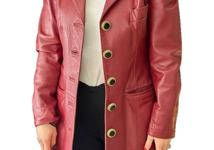 VESTE LONGUE EN CUIR ROUGE-BORDEAUX