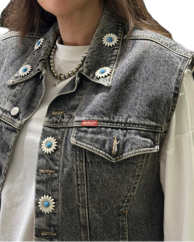 Veste en jean sans manches vintage customisée – Gris délavé – Taille unique