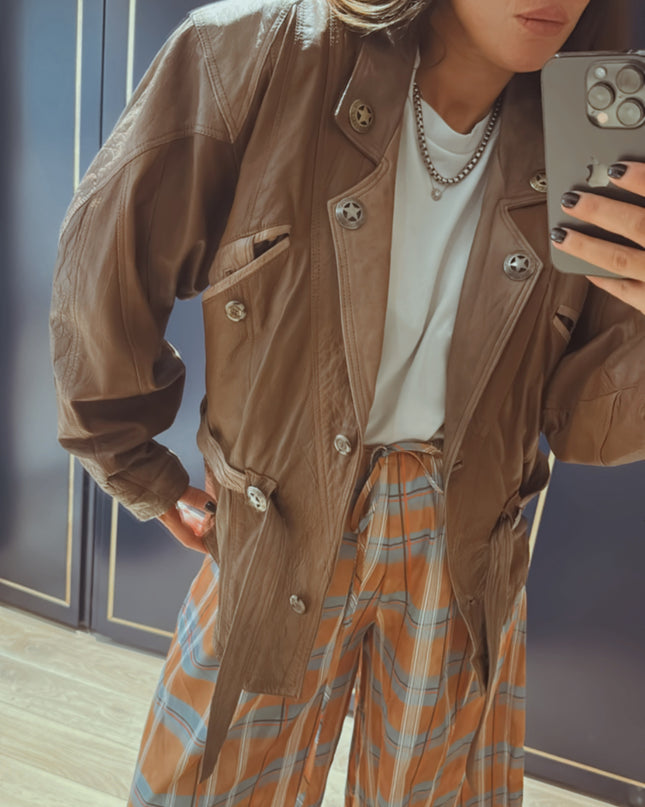 Blouson vintage en cuir camel et beige customisé – Taille unique