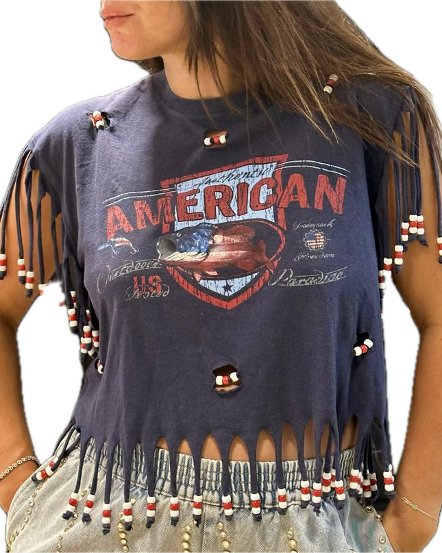 T-shirt vintage “American” customisé à la main avec perles – Taille unique