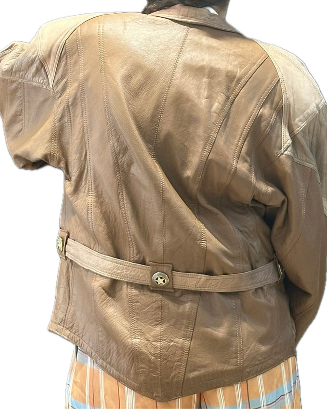 Blouson vintage en cuir camel et beige customisé – Taille unique
