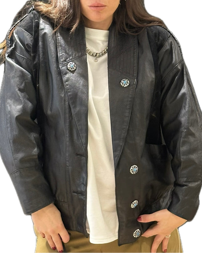 Blouson en cuir vintage customisé – Noir – Taille unique