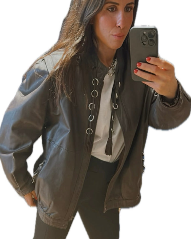BLOUSON EN CUIR MARRON ANNEAUX
