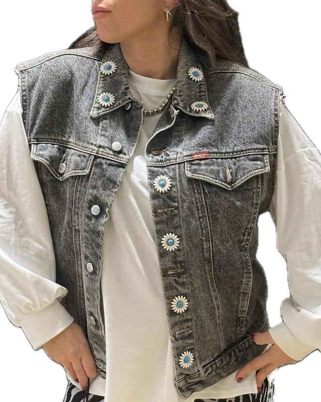 Veste en jean sans manches vintage customisée – Gris délavé – Taille unique
