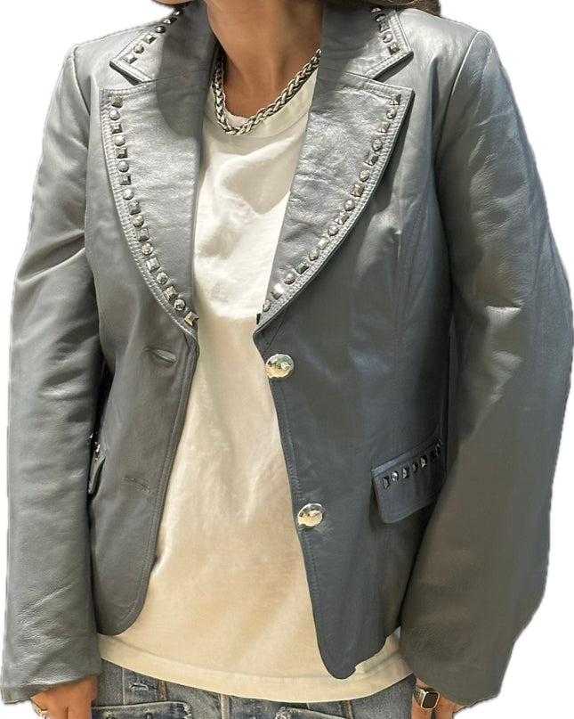 Blazer en cuir gris perlé vintage à strass – Taille unique