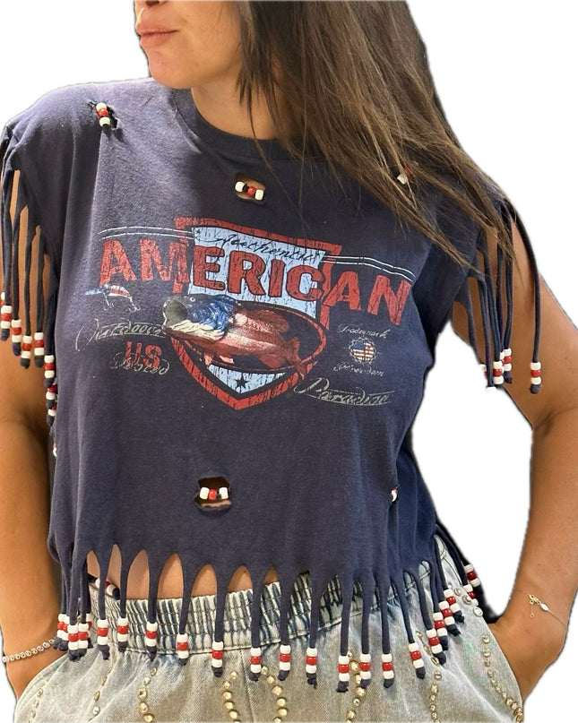 T-shirt vintage “American” customisé à la main avec perles – Taille unique