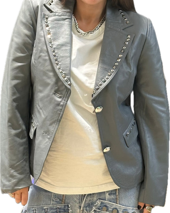 Blazer en cuir gris perlé vintage à strass – Taille unique