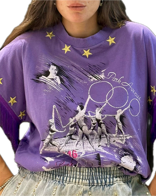 T-shirt vintage violet customisé à franges et étoiles dorées – Taille unique
