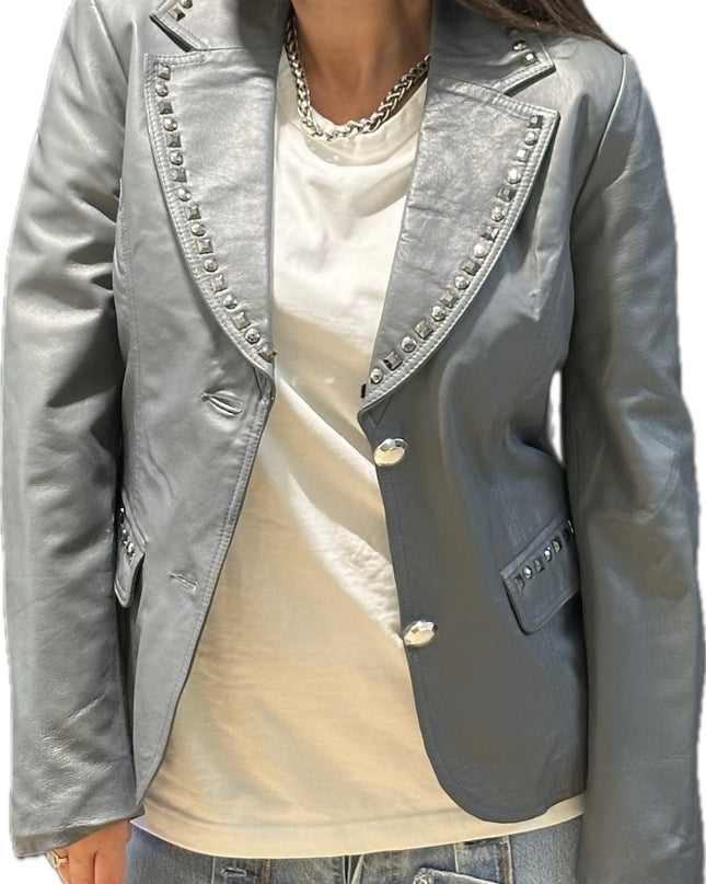 Blazer en cuir gris perlé vintage à strass – Taille unique