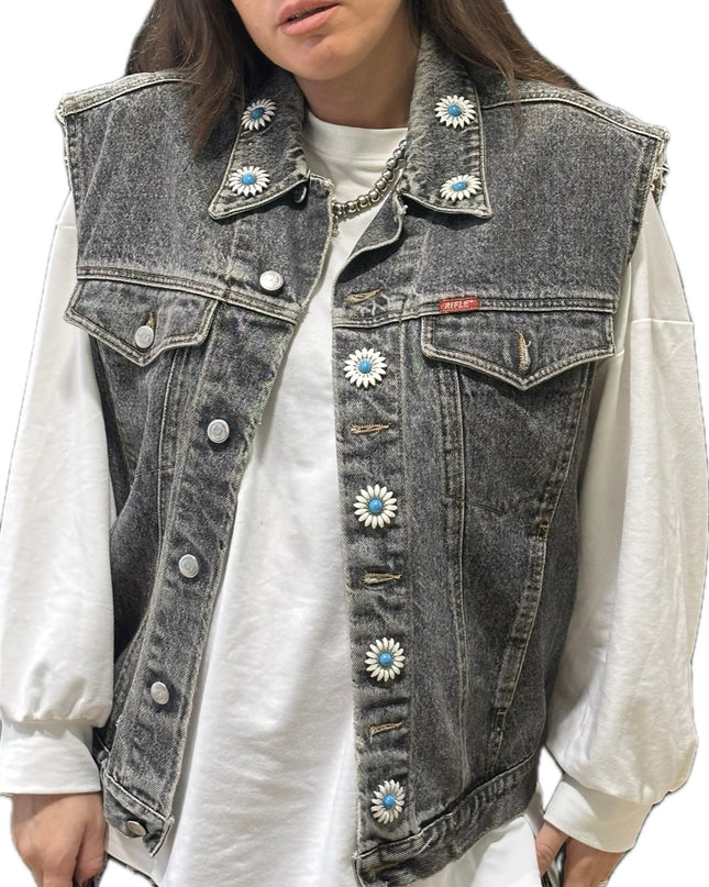 Veste en jean sans manches vintage customisée – Gris délavé – Taille unique