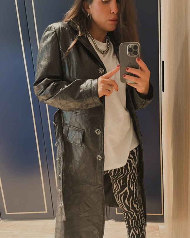 Manteau vintage en cuir patchwork customisé – Taille 38/40