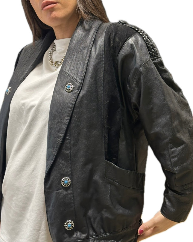 Blouson en cuir vintage customisé – Noir – Taille unique