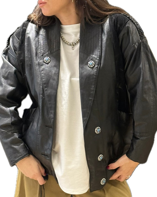 Blouson en cuir vintage customisé – Noir – Taille unique