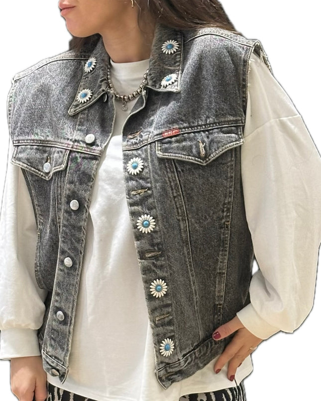 Veste en jean sans manches vintage customisée – Gris délavé – Taille unique