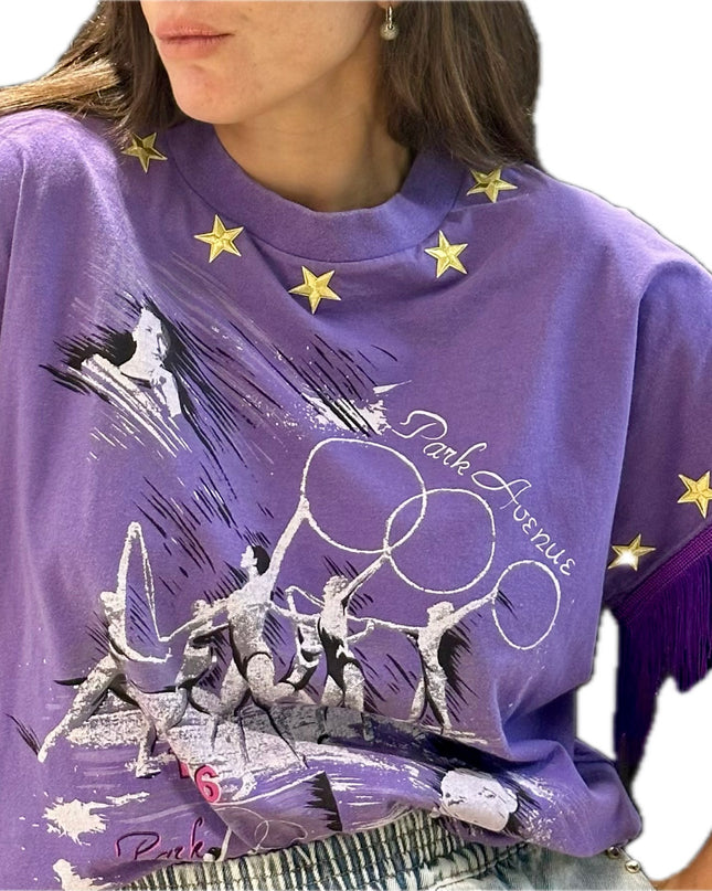 T-shirt vintage violet customisé à franges et étoiles dorées – Taille unique
