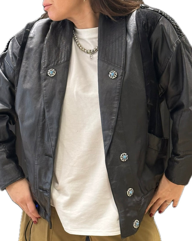 Blouson en cuir vintage customisé – Noir – Taille unique