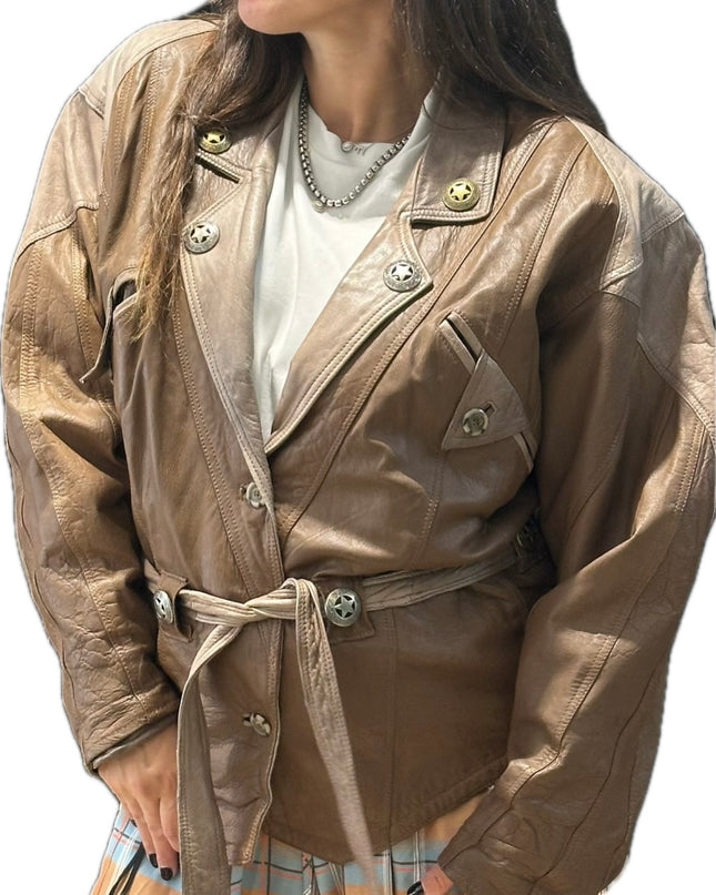 Blouson vintage en cuir camel et beige customisé – Taille unique