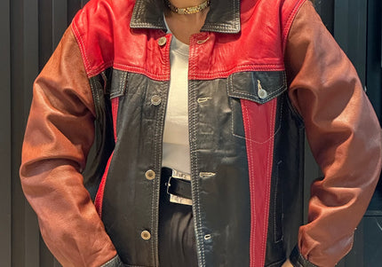 Veste en cuir patchwork vintage – bordeaux, noir & rouge