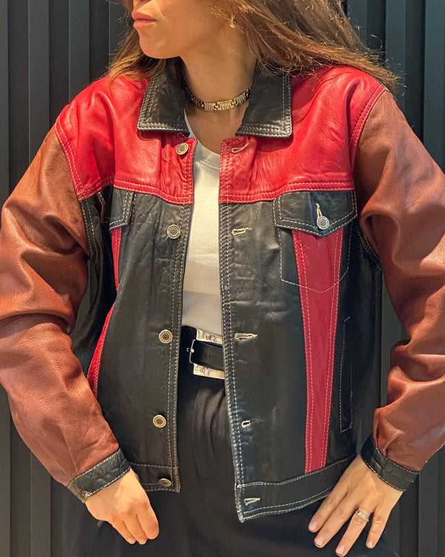 Veste en cuir patchwork vintage – bordeaux, noir & rouge