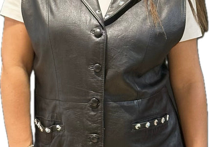 Veste sans manches en cuir noir vintage customisée – Taille unique