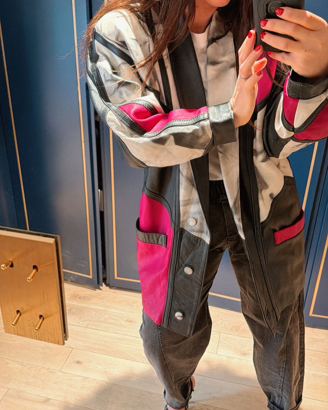 Veste longue en cuir vintage patchwork – Pièce unique