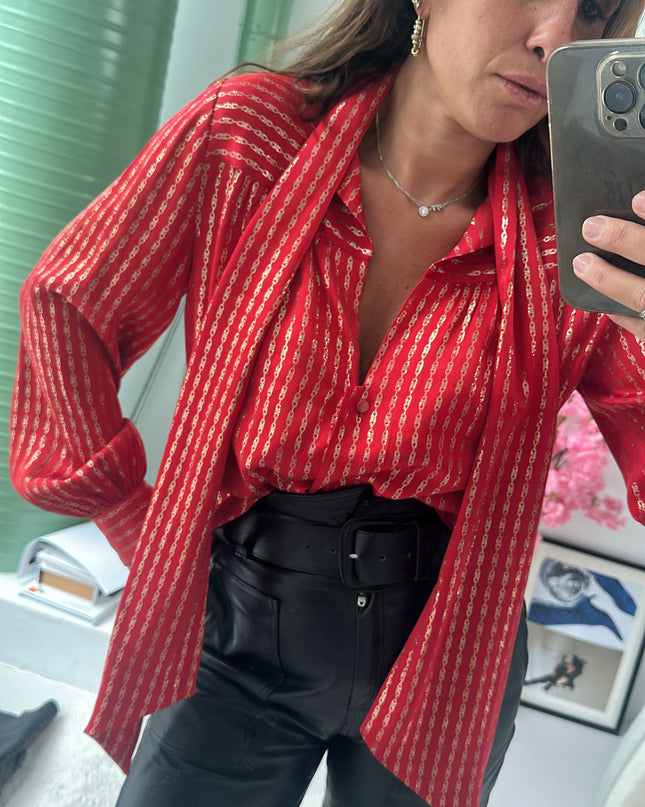Blouse Céline vintage rouge & doré – élégance signature