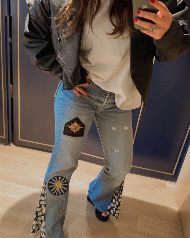 Blouson en cuir vintage noir – esprit biker épaulé – pièce unique