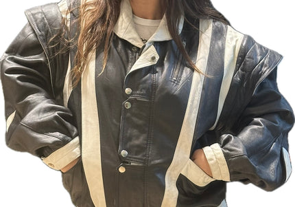 Blouson vintage en cuir noir et blanc – Taille unique