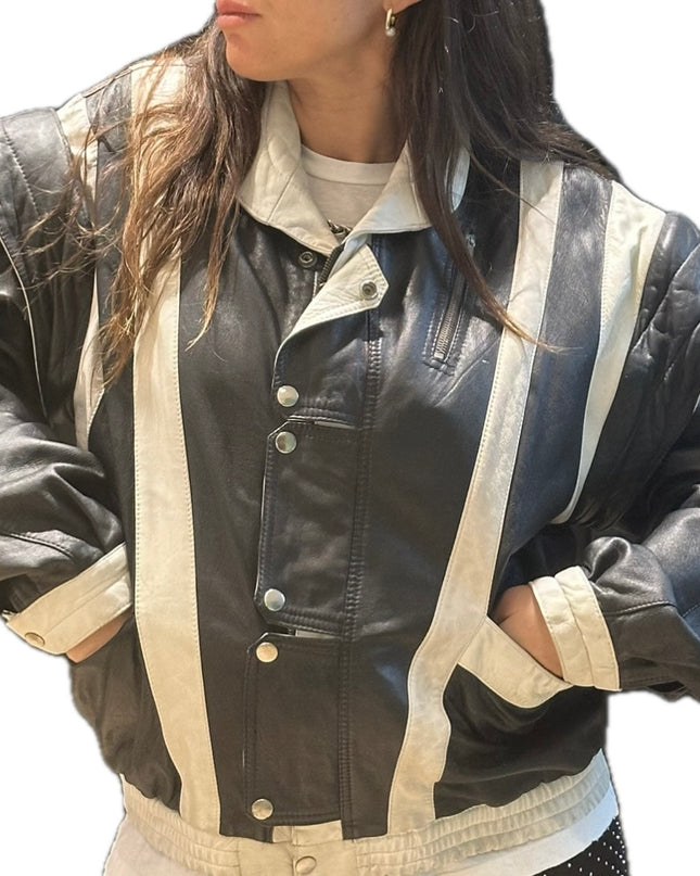 Blouson vintage en cuir noir et blanc – Taille unique