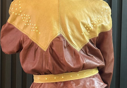 Veste vintage en cuir pistache & marron chocolat — Taille unique