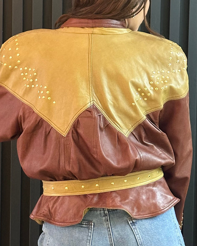 Veste vintage en cuir pistache & marron chocolat — Taille unique