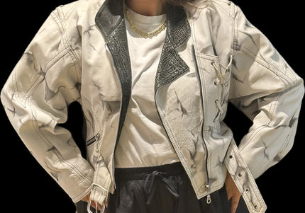 Blouson en cuir vintage tie & dye noir et blanc – Taille unique