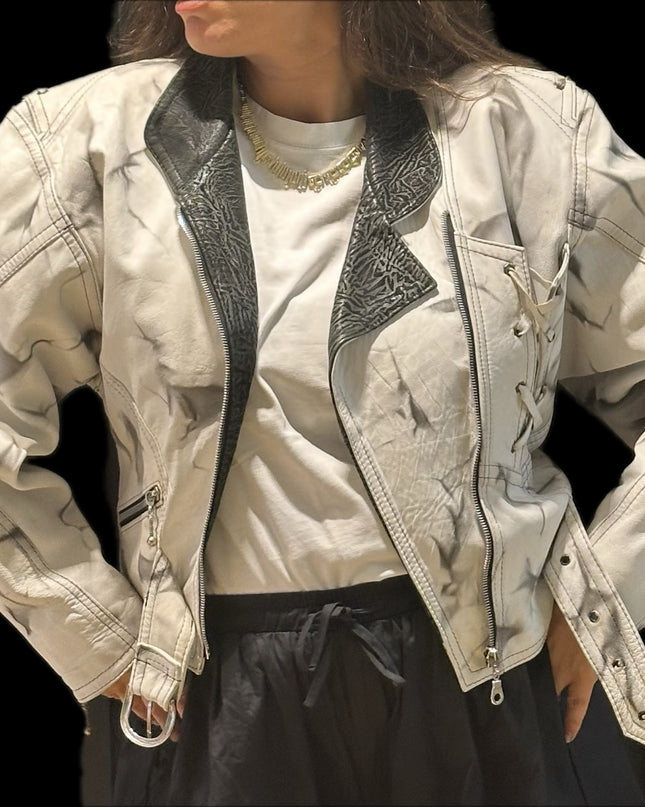 Blouson en cuir vintage tie & dye noir et blanc – Taille unique
