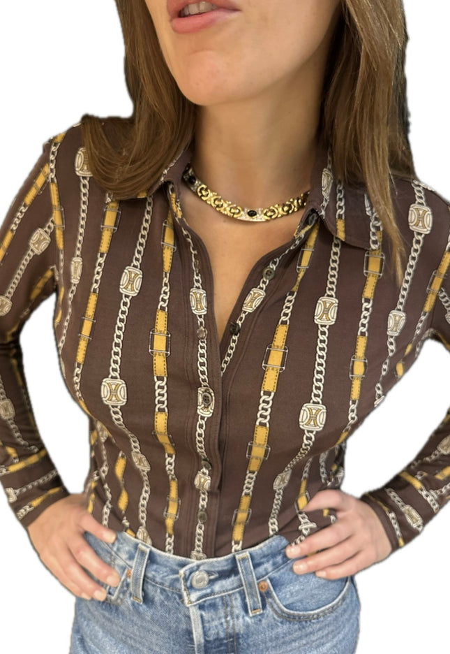 Chemisier vintage Céline en soie – Marron – Taille 36