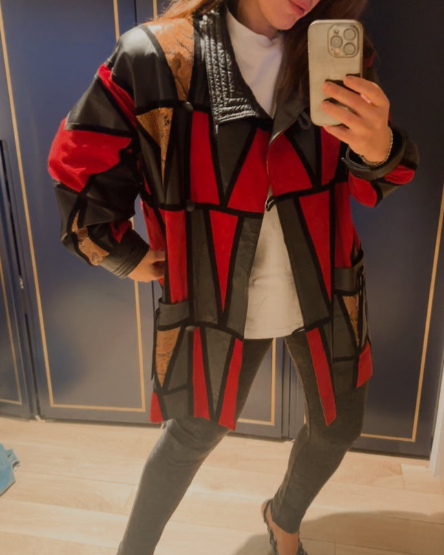 Manteau Vintage en Cuir Patchwork – Pièce Unique – Taille Unique