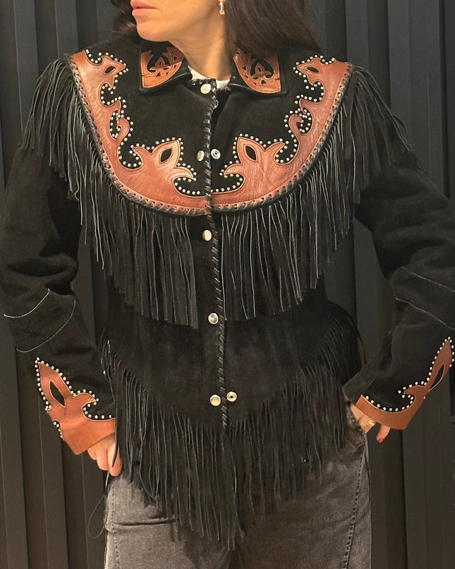 Veste vintage à franges & empiècements en cuir – Pièce iconique