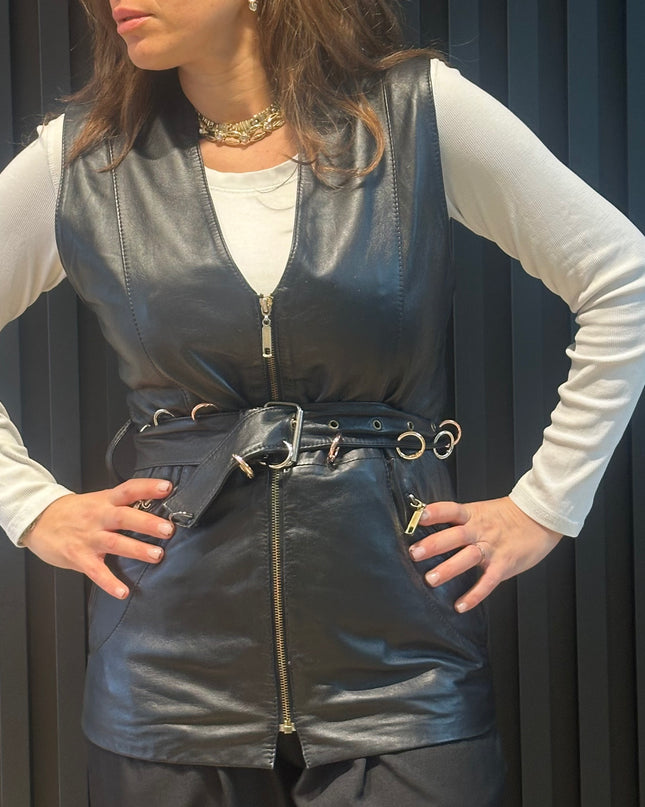Veste sans manches en cuir vintage – fermeture zippée & ceinture à anneaux
