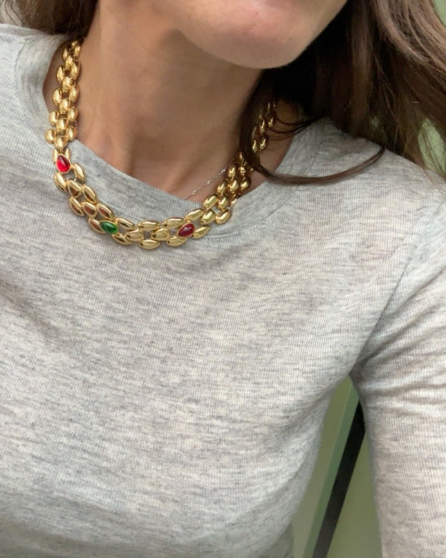 Collier fantaisie-vintage imitation plaqué-or et pierre de 3 couleurs