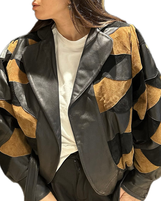 Blouson en cuir et daim vintage patchwork – Taille unique