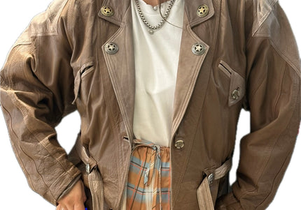 Blouson vintage en cuir camel et beige customisé – Taille unique