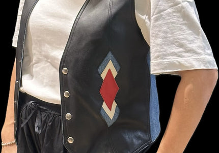 Veste sans manches en cuir et jean vintage – Taille unique
