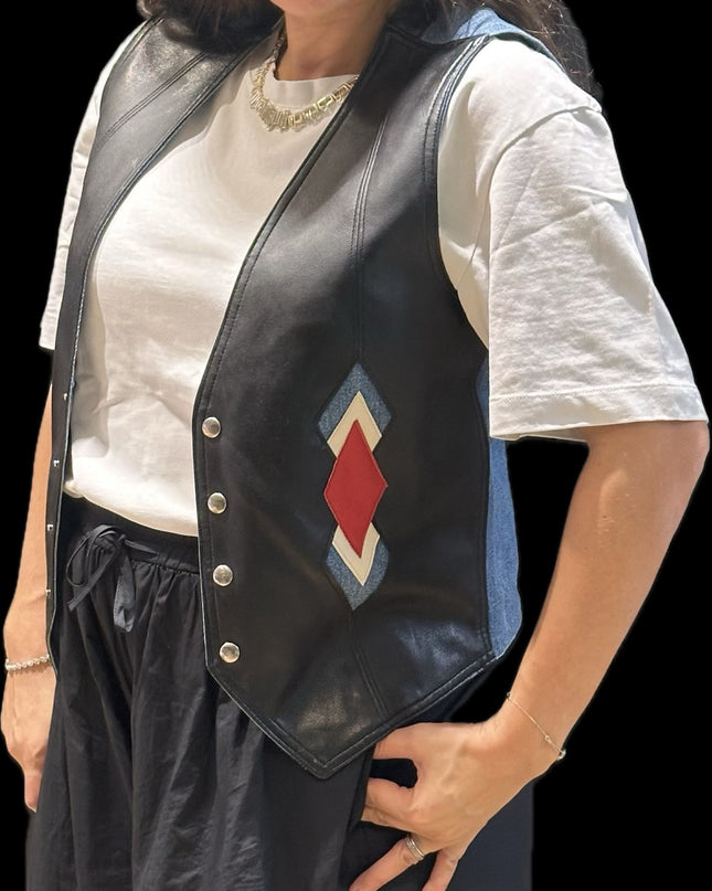 Veste sans manches en cuir et jean vintage – Taille unique