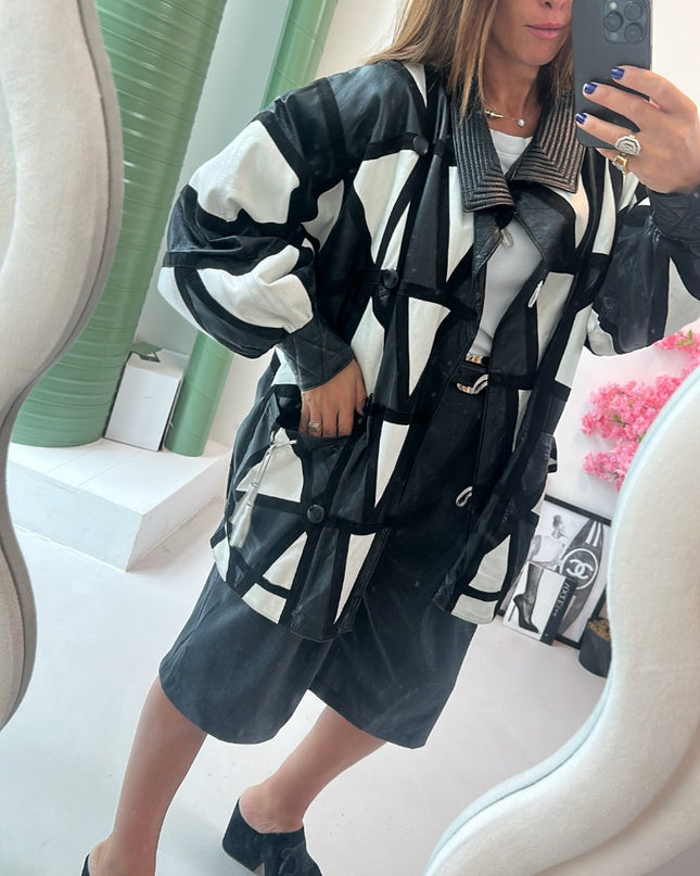 Manteau en cuir vintage patchwork noir & blanche - 1