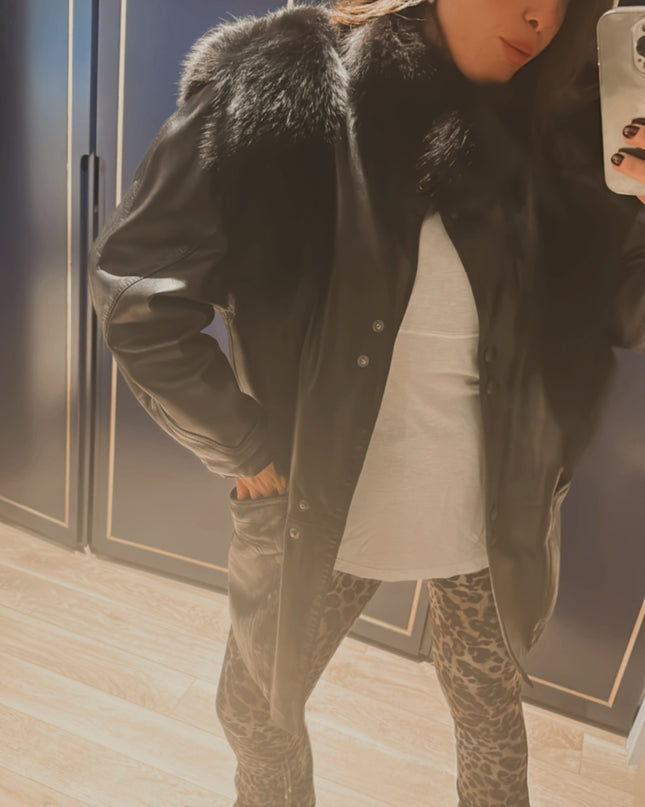 Veste vintage en cuir et fourrure – Taille unique