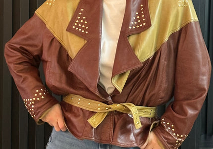 Veste vintage en cuir pistache & marron chocolat — Taille unique