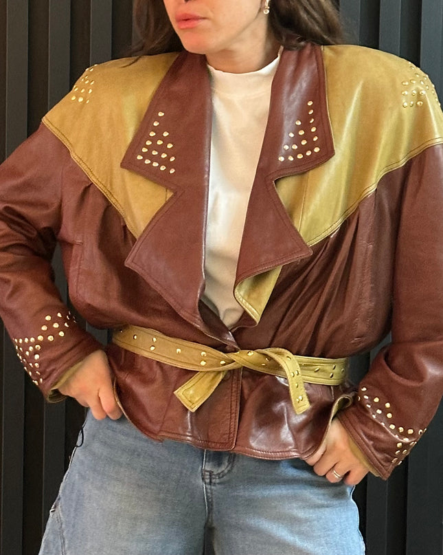 Veste vintage en cuir pistache & marron chocolat — Taille unique