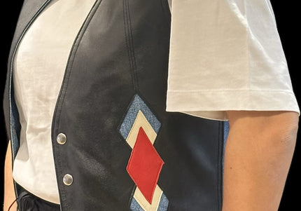 Veste sans manches en cuir et jean vintage – Taille unique