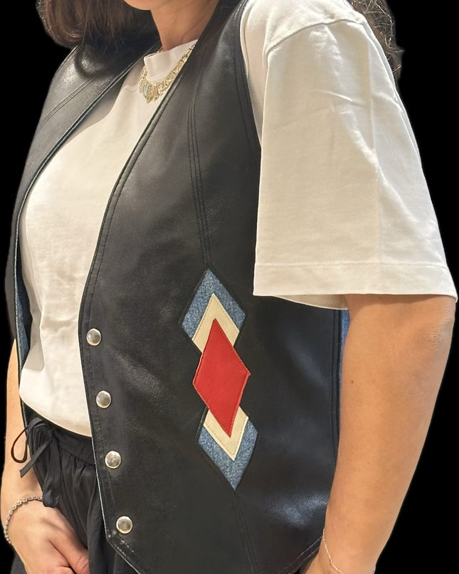 Veste sans manches en cuir et jean vintage – Taille unique